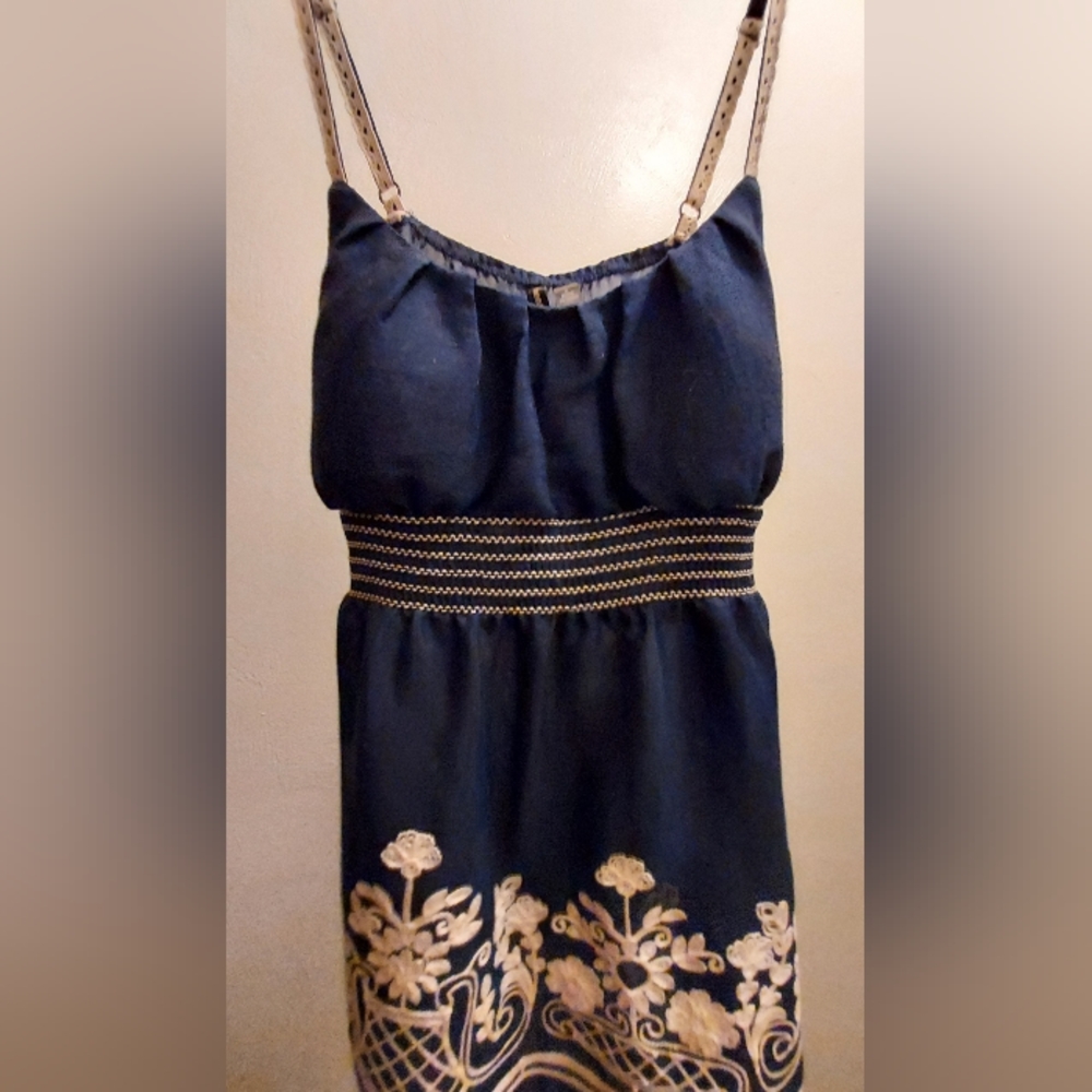 Women's Padded Cami w Floral Stitching & Waist Tie in Back Size Small Navy/White
